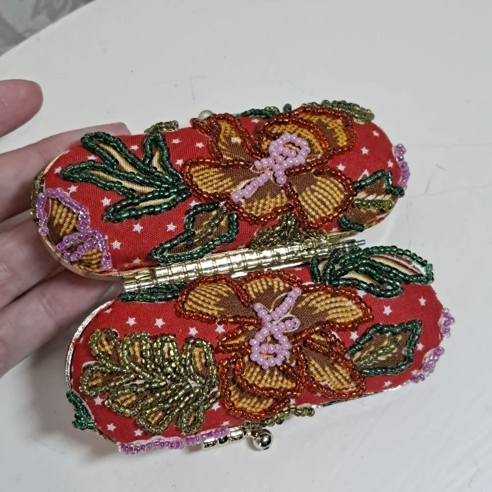 Hand Beaded Silk Pouch with Matching Lipstick Case Vintage EUC